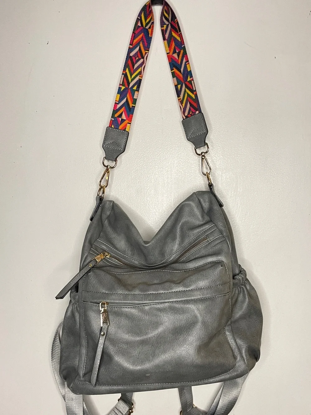 Gray Convertible Backpack Crossbody Bag Colorful Guitar Strap Gold Hardware